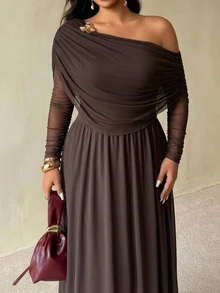 Auralis Plus Size Women Solid Color Asymmetrical Neck Long Sleeve Metal 3D Flower Decor Elegant Formal Dress Autumn Brown Cocktail - Brown - View 7