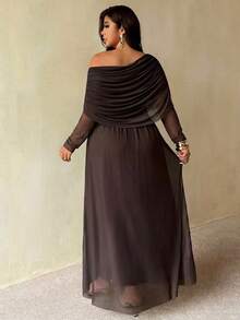 Auralis Plus Size Women Solid Color Asymmetrical Neck Long Sleeve Metal 3D Flower Decor Elegant Formal Dress Autumn Brown Cocktail - Brown - View 4
