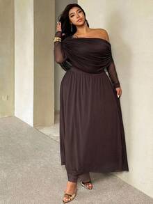 Auralis Plus Size Women Solid Color Asymmetrical Neck Long Sleeve Metal 3D Flower Decor Elegant Formal Dress Autumn Brown Cocktail - Brown - View 5