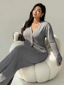 Auralis Setelan 2 Potong Atasan dan Celana Panjang Kasual Tradisional Lembut Bentuk Lembut Musim Gugur Ukuran Besar untuk Wanita, Warna Abu-abu, Cocok untuk Ulang Tahun, Acara Formal, Makan Siang, dan Musim Gugur/Dingin - Dark Grey - View 2