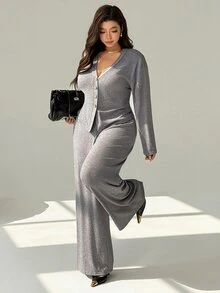 Auralis Setelan 2 Potong Atasan dan Celana Panjang Kasual Tradisional Lembut Bentuk Lembut Musim Gugur Ukuran Besar untuk Wanita, Warna Abu-abu, Cocok untuk Ulang Tahun, Acara Formal, Makan Siang, dan Musim Gugur/Dingin - Dark Grey - View 6