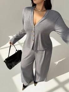 Auralis Setelan 2 Potong Atasan dan Celana Panjang Kasual Tradisional Lembut Bentuk Lembut Musim Gugur Ukuran Besar untuk Wanita, Warna Abu-abu, Cocok untuk Ulang Tahun, Acara Formal, Makan Siang, dan Musim Gugur/Dingin - Dark Grey - View 3