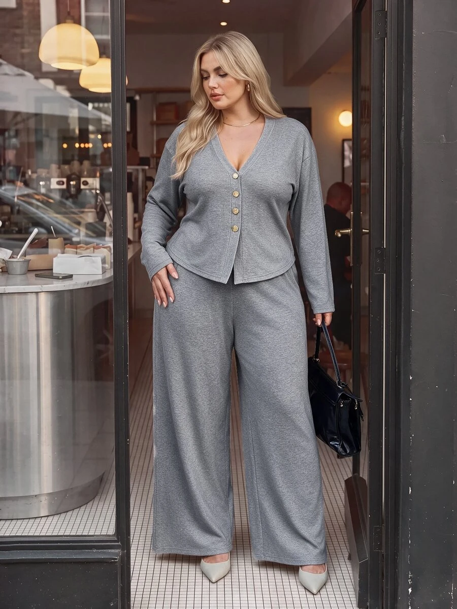 Auralis Setelan 2 Potong Atasan dan Celana Panjang Kasual Tradisional Lembut Bentuk Lembut Musim Gugur Ukuran Besar untuk Wanita, Warna Abu-abu, Cocok untuk Ulang Tahun, Acara Formal, Makan Siang, dan Musim Gugur/Dingin - Dark Grey - View 1