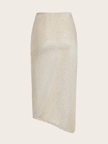 SHEIN X KeniaOs SHEIN ICON 褶饰前开衩大腿亮片半身裙 - 米色 - 查看 6