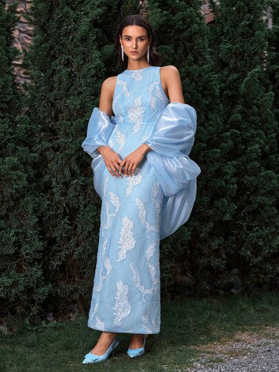 VOLUPTÉ CURVE Women's Spring/Summer Blue Maxi Dress Sequin Puff Sleeve, Elegant Party Vacation Birthday Wedding Guest Dress Women