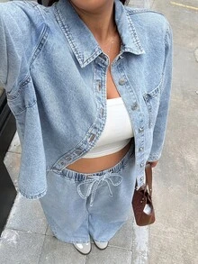 Muchica Plus Size Women's Long Sleeve Single-Breasted Shirt And Wide Leg Jeans Casual Baggy 2 Pieces Set Formal Going Out Evening Beach Light Blue Autumn - Baby Blue - View 3