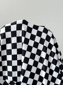SHEIN EZwear Plus Size Checkerboard Print Top And Pants 2 Pieces Set Fall - Black and White - View 6