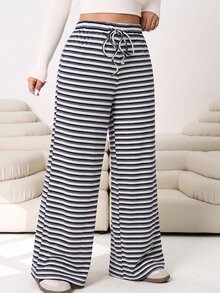 Solflare Plus Size Women's Waist Tie White Loose Long Pants Formal Vacation Summer Casual Sailor - Multicolor - View 7