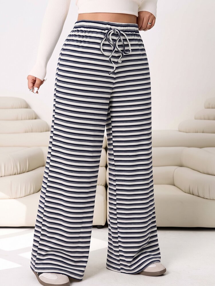 Solflare Plus Size Women's Waist Tie Striped Loose Long Pants - Multicolor - View 6