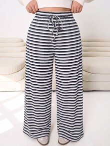 Solflare Plus Size Women's Waist Tie White Loose Long Pants Formal Vacation Summer Casual Sailor - Multicolor - View 5
