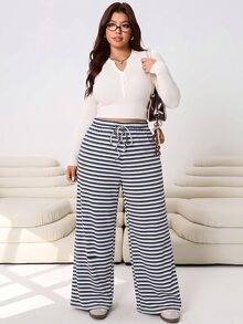 Solflare Plus Size Women's Waist Tie White Loose Long Pants Formal Vacation Summer Casual Sailor - Multicolor - View 4