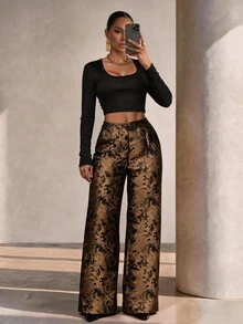 Xyvia Elegant Commuter Professional Brown Jacquard Women's Long Pants - Brown - View 3