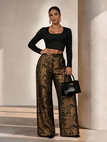 Xyvia Elegant Commuter Professional Brown Jacquard Women's Long Pants - Brown - View 7