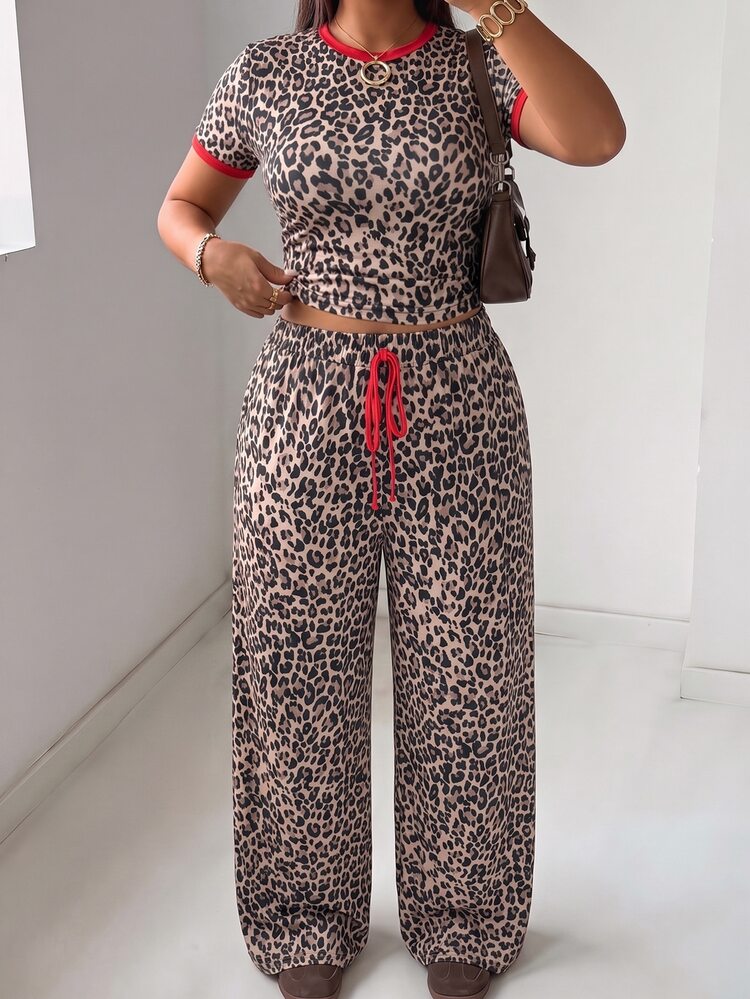 Muchica Plus Size Women's Leopard Print Short Sleeve T-Shirt And Pants Casual 2-Piece Set - Multicolor - View 1