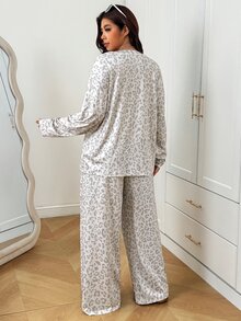 SHEIN EZwear Plus Size Women Leopard Print Long Sleeve Top And Pants Casual Daily 2 Pieces Set Fall - Multicolor - View 2