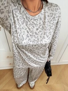 SHEIN EZwear Plus Size Women Leopard Print Long Sleeve Top And Pants Casual Daily 2 Pieces Set Fall - Multicolor - View 4