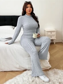 SHEIN EZwear Plus Size Women's Solid Color Ribbed Long Sleeve T-Shirt And Flare Pants Casual 2 Pieces Set Fall - Light Grey - View 3