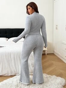 SHEIN EZwear Plus Size Women's Solid Color Ribbed Long Sleeve T-Shirt And Flare Pants Casual 2 Pieces Set Fall - Light Grey - View 2