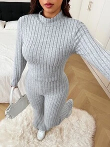 SHEIN EZwear Plus Size Women's Solid Color Ribbed Long Sleeve T-Shirt And Flare Pants Casual 2 Pieces Set Fall - Light Grey - View 1