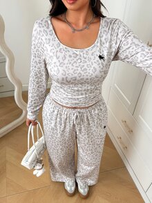 SHEIN EZwear 大尺碼豹紋上衣與長褲兩件套 秋季 - 彩色 - 查看 6