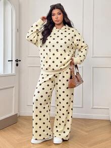 SHEIN EZwear Plus Size Women Polka Dot Print Pocket Hooded Sweatshirt And Sweatpants Casual 2 Pieces Set Fall - Multicolor - View 3