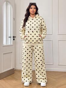 SHEIN EZwear Plus Size Women Polka Dot Print Pocket Hooded Sweatshirt And Sweatpants Casual 2 Pieces Set Fall - Multicolor - View 6