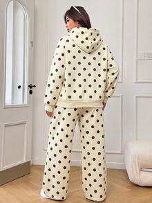 SHEIN EZwear Plus Size Women Polka Dot Print Pocket Hooded Sweatshirt And Sweatpants Casual 2 Pieces Set Fall - Multicolor - View 2