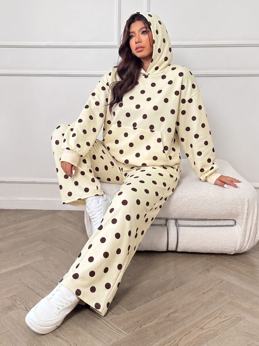 SHEIN EZwear Plus Size Women Polka Dot Print Pocket Hooded Sweatshirt And Sweatpants Casual 2 Pieces Set Fall - Multicolor - View 1