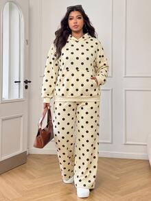 SHEIN EZwear Plus Size Women Polka Dot Print Pocket Hooded Sweatshirt And Sweatpants Casual 2 Pieces Set Fall - Multicolor - View 4