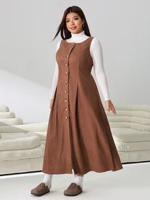 Solflare Plus Size Women's Round Neck Single-Breasted Pleated Design Sleeveless Dress Winter - Brown - View 4