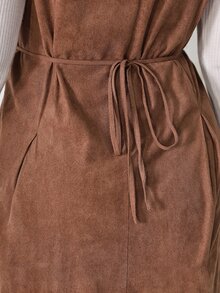 Solflare Plus Size Women's Round Neck Single-Breasted Pleated Design Sleeveless Dress Winter - Brown - View 9