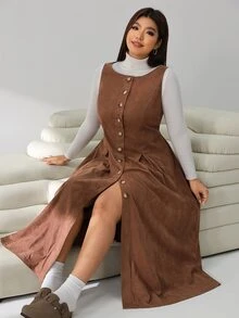Solflare Plus Size Women's Round Neck Single-Breasted Pleated Design Sleeveless Dress Winter - Brown - View 6