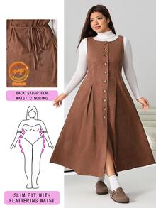 Solflare Plus Size Women's Round Neck Single-Breasted Pleated Design Sleeveless Dress Winter - Brown - View 8