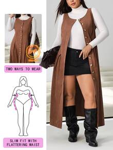 Solflare Plus Size Women's Round Neck Single-Breasted Pleated Design Sleeveless Dress Winter - Brown - View 2