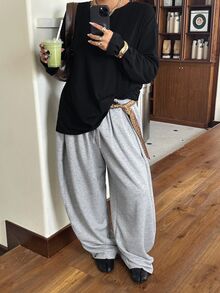 Muchica Plus Size Simple Black Casual Crew Neck Long Sleeve T-Shirt Fall - Black - View 5