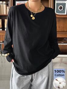 Muchica Plus Size Simple Black Casual Crew Neck Long Sleeve T-Shirt Fall - Black - View 1