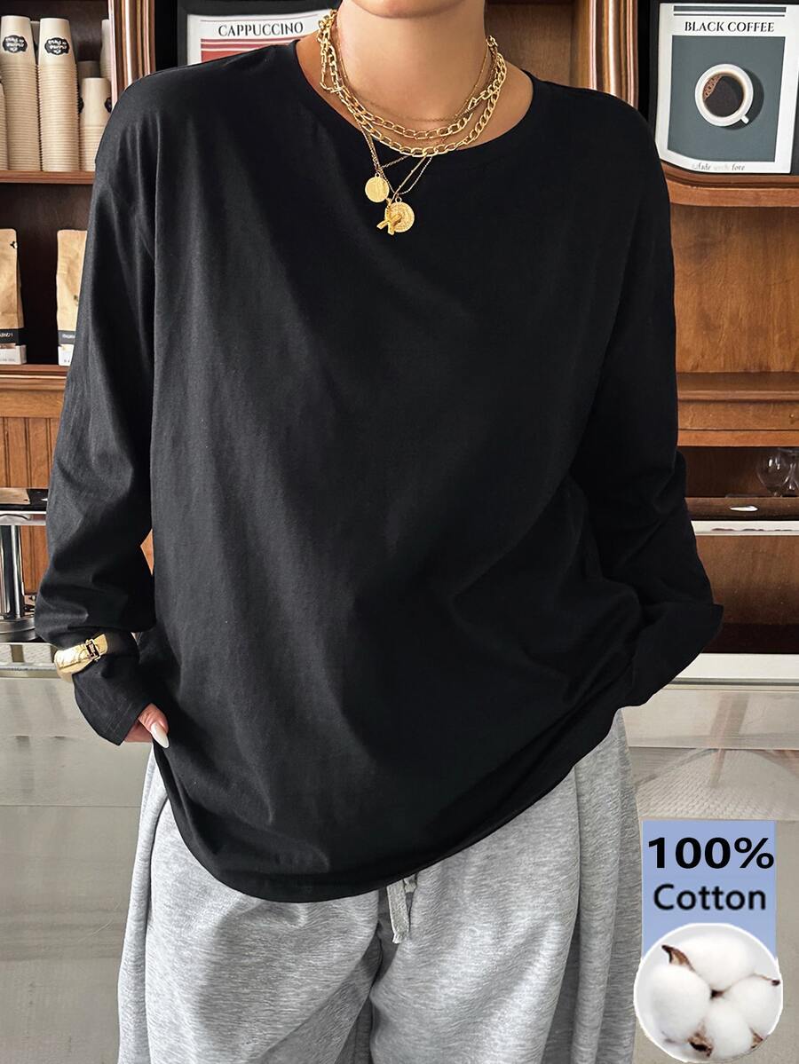 Muchica Plus Size Simple Black Casual Crew Neck Long Sleeve T-Shirt Fall - Black - View 1