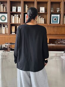 Muchica Plus Size Simple Black Casual Crew Neck Long Sleeve T-Shirt Fall - Black - View 2
