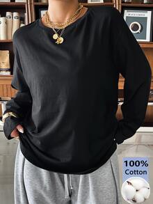 Muchica Plus Size Simple Black Casual Crew Neck Long Sleeve T-Shirt Fall - Black - View 3