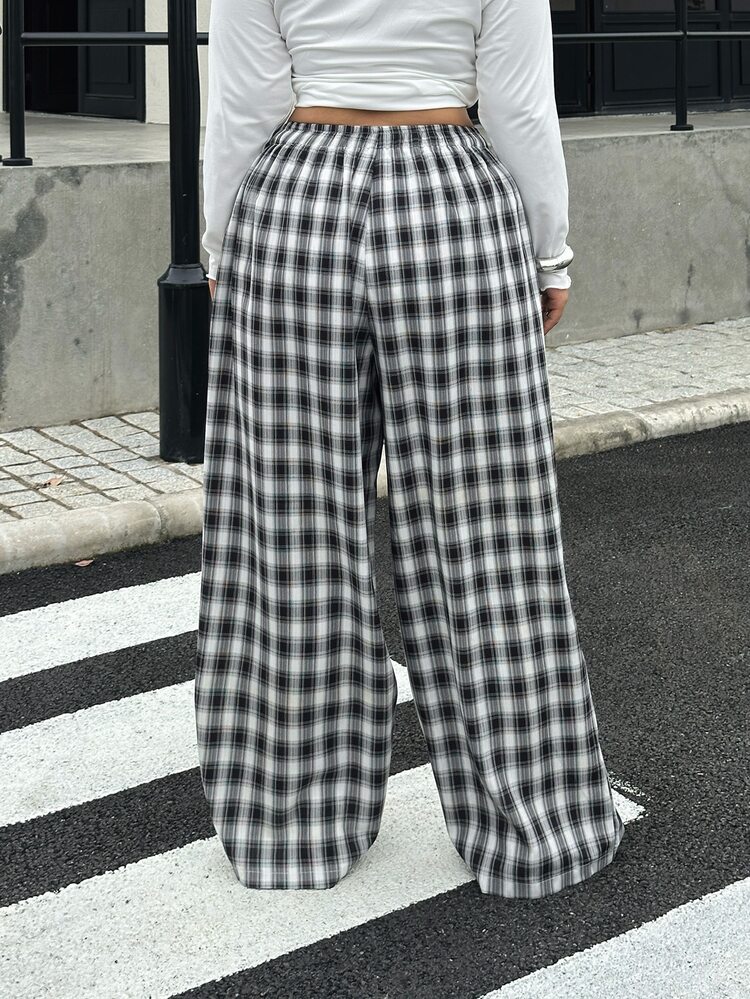 Muchica Plus Size Autumn New Plaid Pattern Casual Pants, Wide Leg Loose Fashion Comfortable Fit, Black And White Plaid Pants, With Pockets, Waist Drawstring Decoration, Suitable For Back To School Season, Graduation Season, Afternoon Tea Outfit - Black and White - View 2