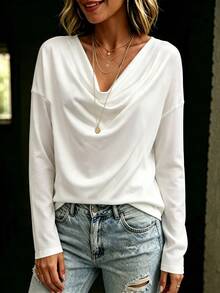 Balvessa Women's Draped Collar Long Sleeve Casual Relaxed Fit T-Shirt Autumn - White - View 6