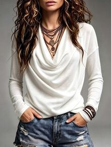 Balvessa Women's Draped Collar Long Sleeve Casual Relaxed Fit T-Shirt Autumn - White - View 1