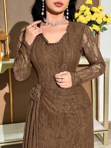 Modelyn 女款蕾絲百褶優雅收腰派對中長洋裝 - 咖啡棕 - 查看 7