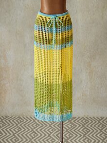 SHEIN ICON Summer Going Out Vacation Hawaii Beach Sexy Women's Crochet Color Block Hollow Waist Tie-Up Beach Cover Up & Mid Yellow & Blue Skirt - Multicolor - View 9