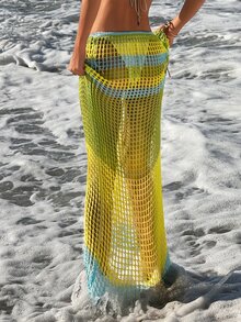 SHEIN ICON Summer Going Out Vacation Hawaii Beach Sexy Women's Crochet Color Block Hollow Waist Tie-Up Beach Cover Up & Mid Yellow & Blue Skirt - Multicolor - View 4