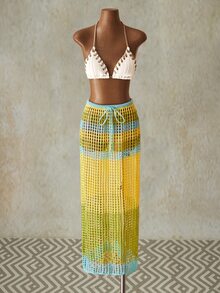SHEIN ICON Summer Going Out Vacation Hawaii Beach Sexy Women's Crochet Color Block Hollow Waist Tie-Up Beach Cover Up & Mid Yellow & Blue Skirt - Multicolor - View 10