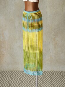 SHEIN ICON Summer Going Out Vacation Hawaii Beach Sexy Women's Crochet Color Block Hollow Waist Tie-Up Beach Cover Up & Mid Yellow & Blue Skirt - Multicolor - View 11