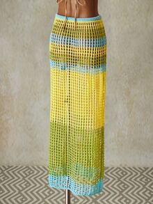 SHEIN ICON Summer Going Out Vacation Hawaii Beach Sexy Women's Crochet Color Block Hollow Waist Tie-Up Beach Cover Up & Mid Yellow & Blue Skirt - Multicolor - View 7
