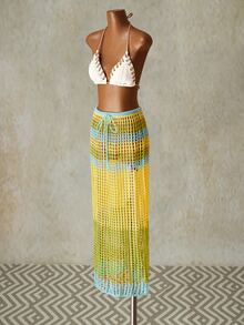 SHEIN ICON Summer Going Out Vacation Hawaii Beach Sexy Women's Crochet Color Block Hollow Waist Tie-Up Beach Cover Up & Mid Yellow & Blue Skirt - Multicolor - View 12