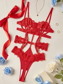 Elorette Women's Lace Patchwork Sexy Lingerie Jumpsuit - Red - View 5
